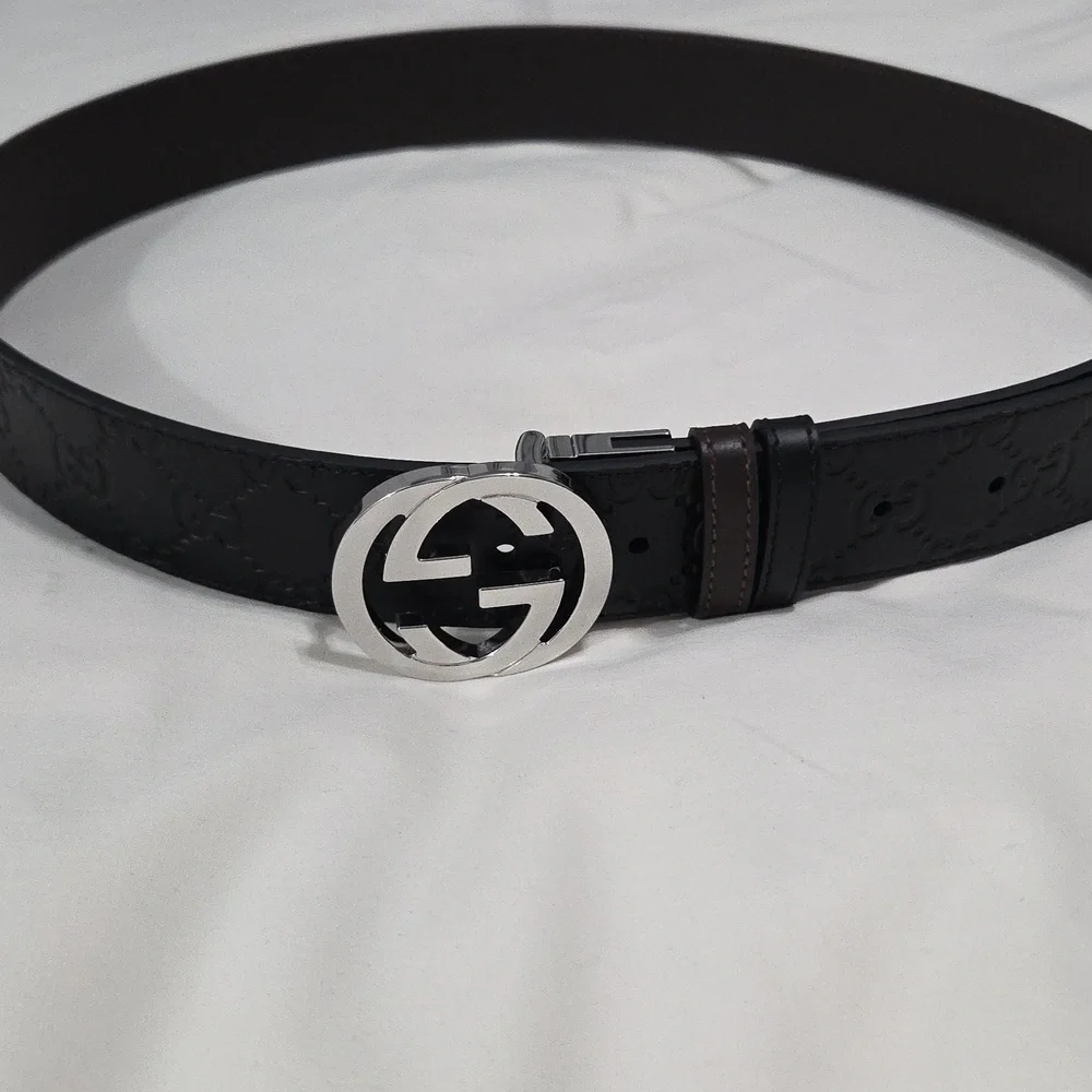 Gucci Reversible Black Brown Leather Belt with Silver Double G Buckle 34/36